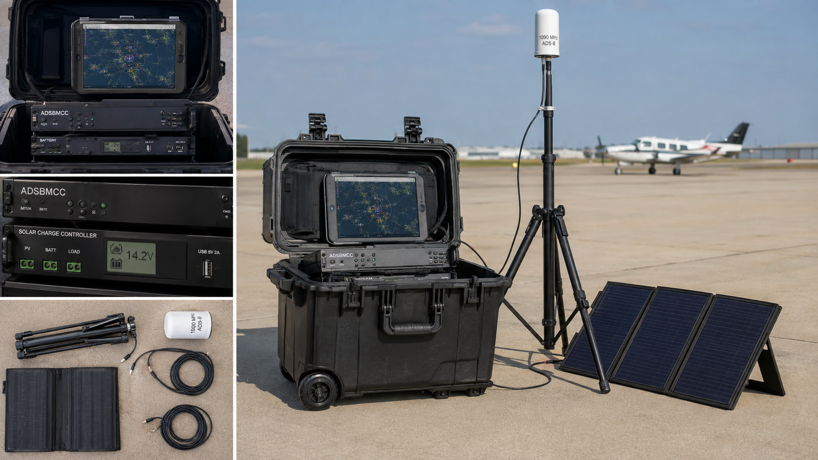 Portable Pelican-case ADS-B deployment kit with solar panels and tripod antenna